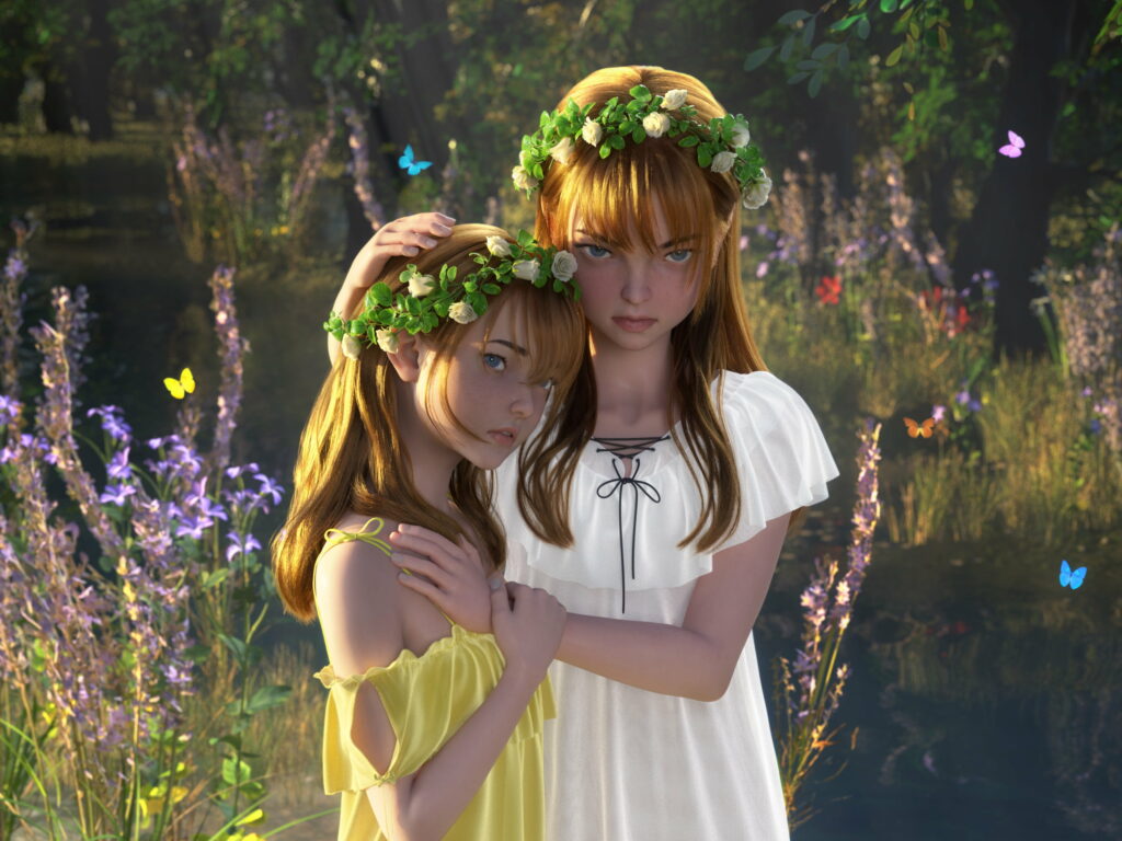 Sisters of the Enchanted Realm: A Captivating Fantasy Art QHD Wallpaper