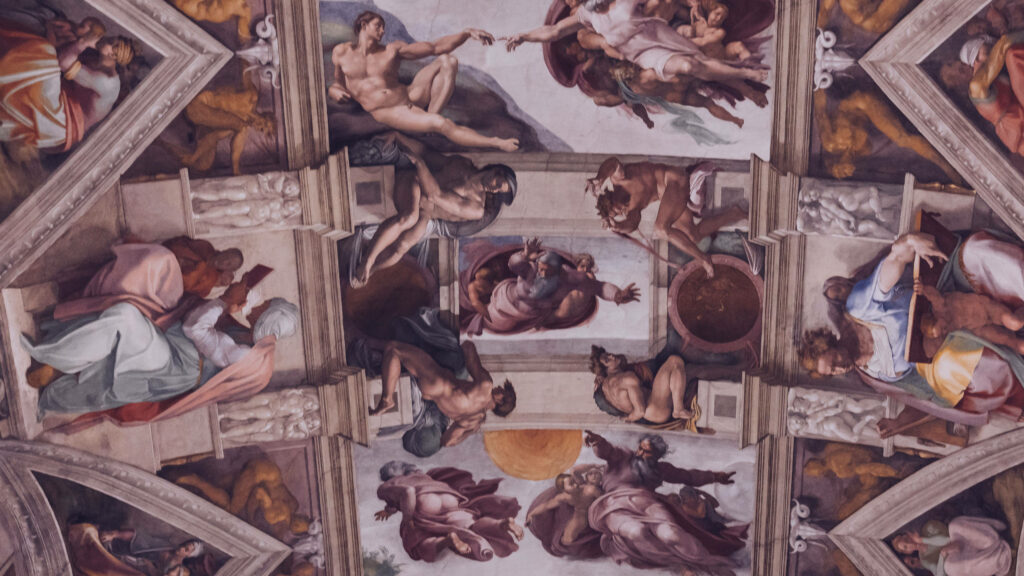 Sistine Chapel ceiling frescoes vibrant Renaissance art by Michelangelo detailed figures wallpaper