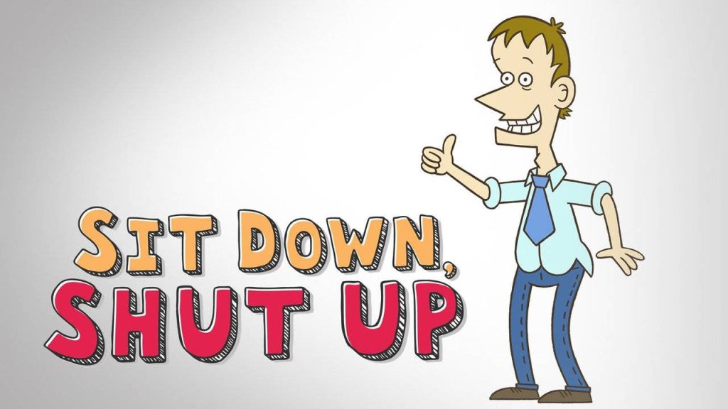 Sit Down Shut Up wallpaper with iconic logo and character on clean grey background vibrant design
