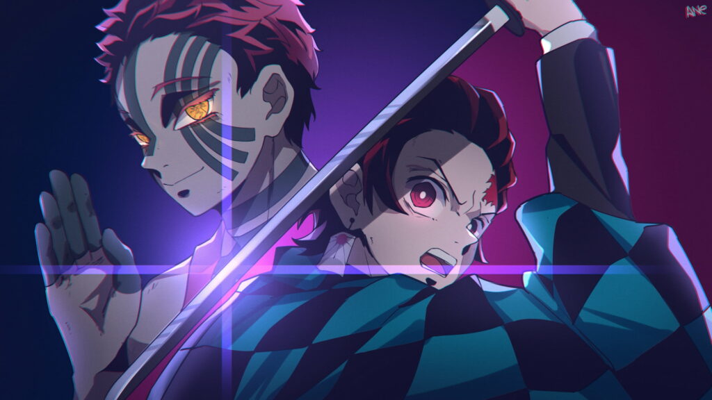 Akaza and Tanjiro: The Fiery Battle of Demon Slayers in Kimetsu no Yaiba Wallpaper