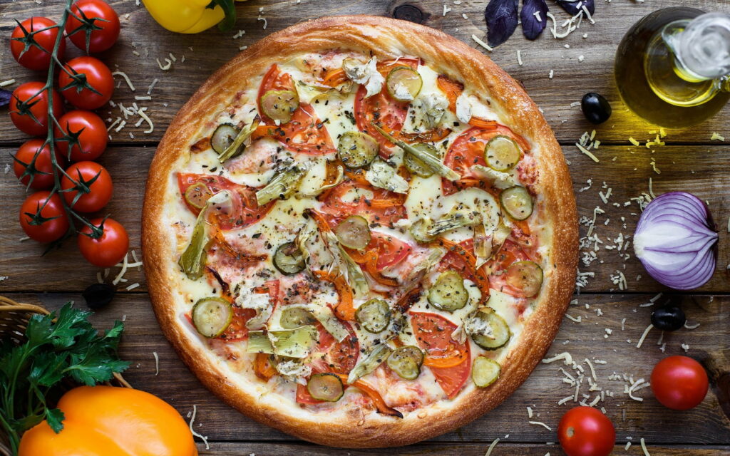 Garden Fresh Delight: A Wholesome Twist on Margarita Pizza! Wallpaper