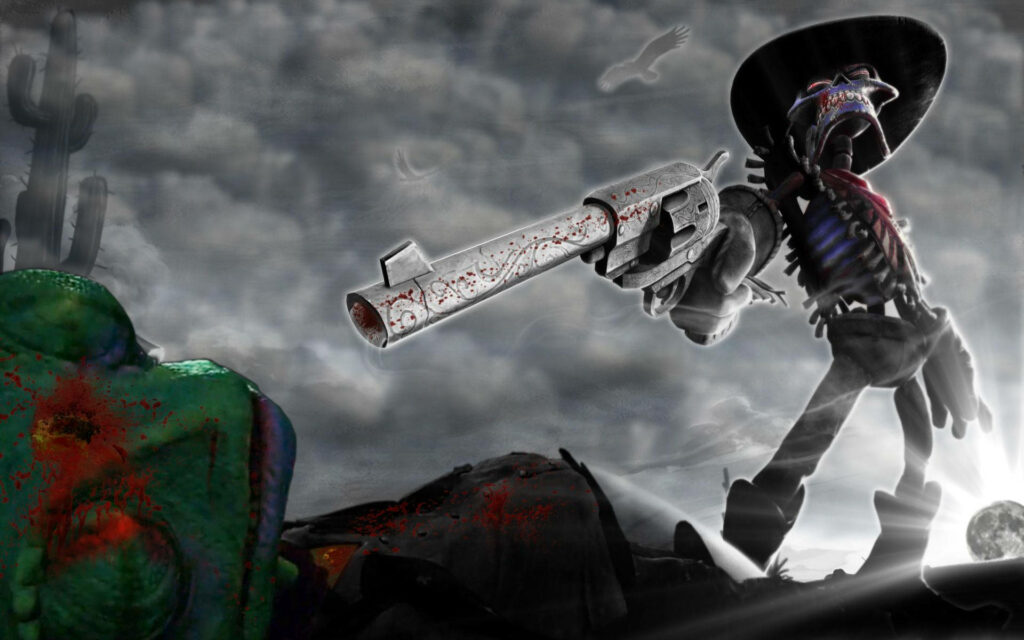 Intense Cowboy Standoff Wallpaper: Skeletal Cowboy & Cactus Scene