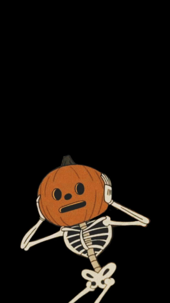 Halloween Spirit: Skeleton Rocking a Pumpkin Hat in Tenebrous Delight - Spooktacular Iphone Wallpaper