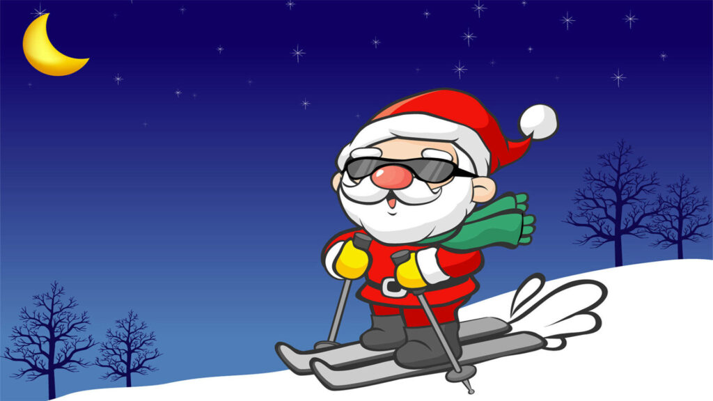 Santa's Skiing Shenanigans: A Hilarious Christmas Wallpaper with Animated St. Nick in Ski Gear and Nighttime Snow Slopes!