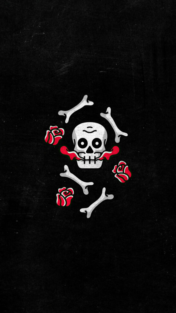 Skull & Crossbones Wallpaper with Red Roses on Dark Background