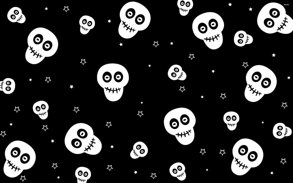Skull-sational Patterns: An Adorable Skeleton iPhone Wallpaper Sporting Assorted Skull Sizes Against a Black Background