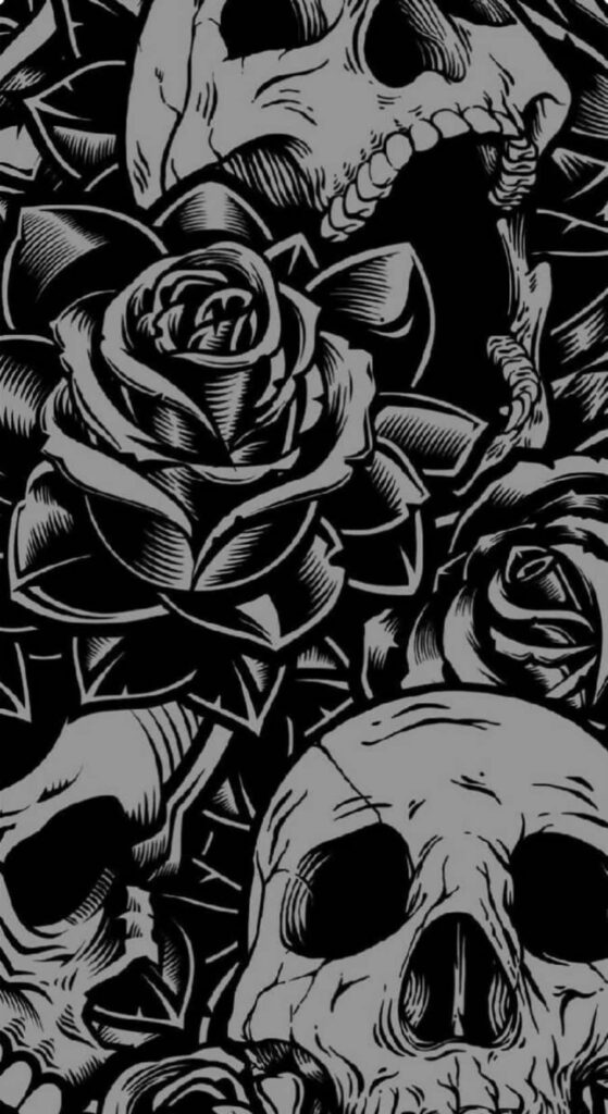 Bold Black and White Wallpaper: Skulls & Roses Design Background