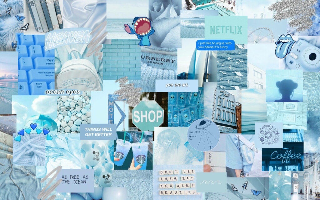 Dreamy sky-blue collage wallpaper with Stitch Mickey balloons Starbucks ocean waves quotes background