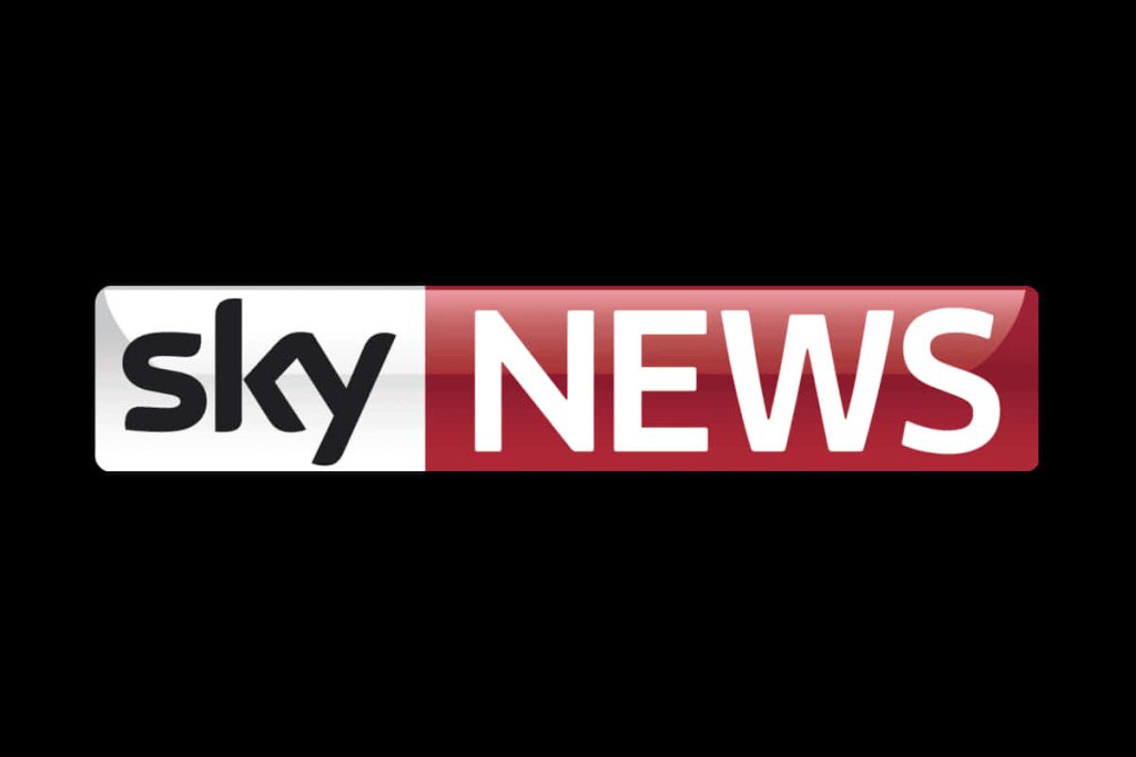 Sky News logo wallpaper with black sky text and white NEWS on red glossy rectangle background