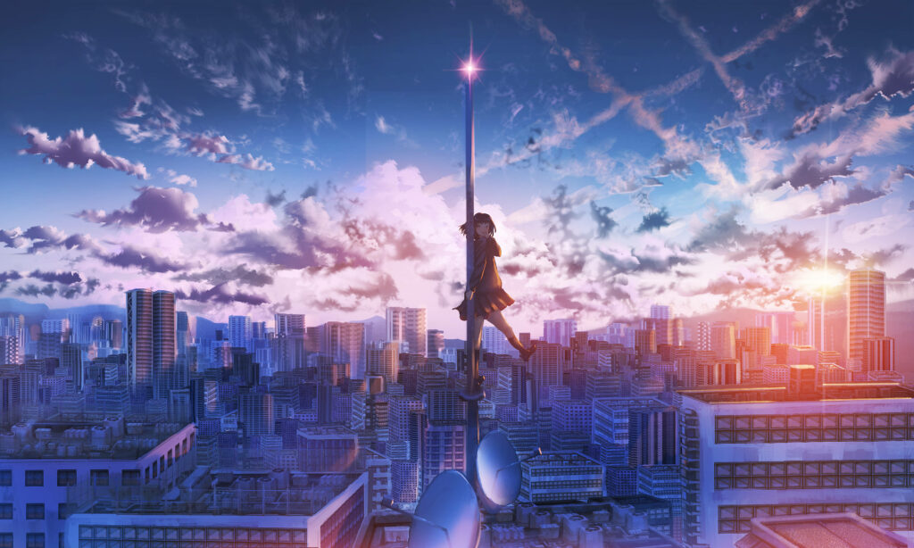 Skyscraper Serenity: Captivating 4k Urban Landscape featuring a Girl on Spirepole amidst Towering Cityscape and Blue Sky Wallpaper