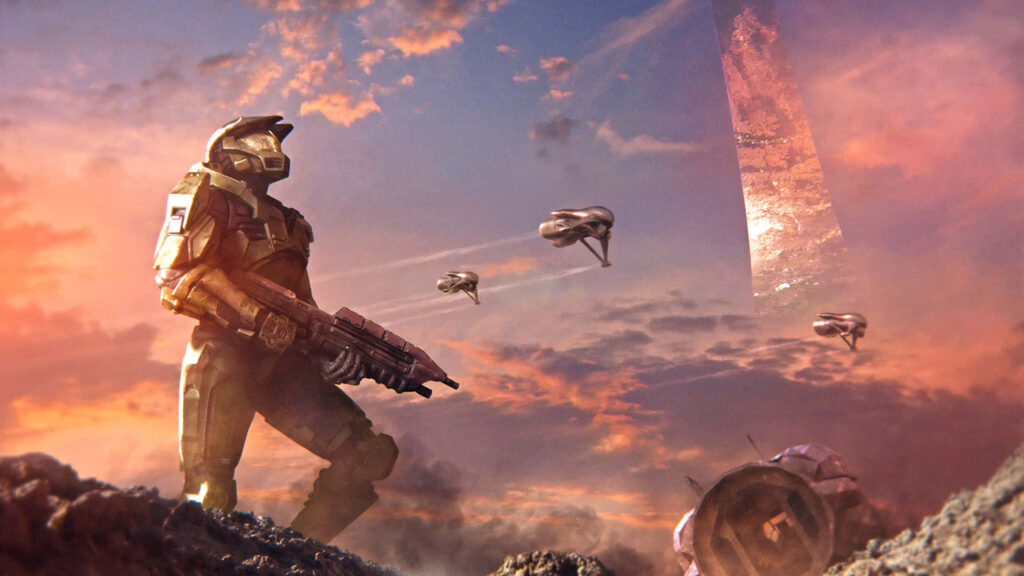 Halo Soldier's Sky Watch: A Futuristic Wallpaper with Flying Robot Airships