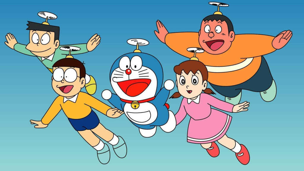 Flying High with Friends: Nobita and the Head Propeller Adventure Wallpaper