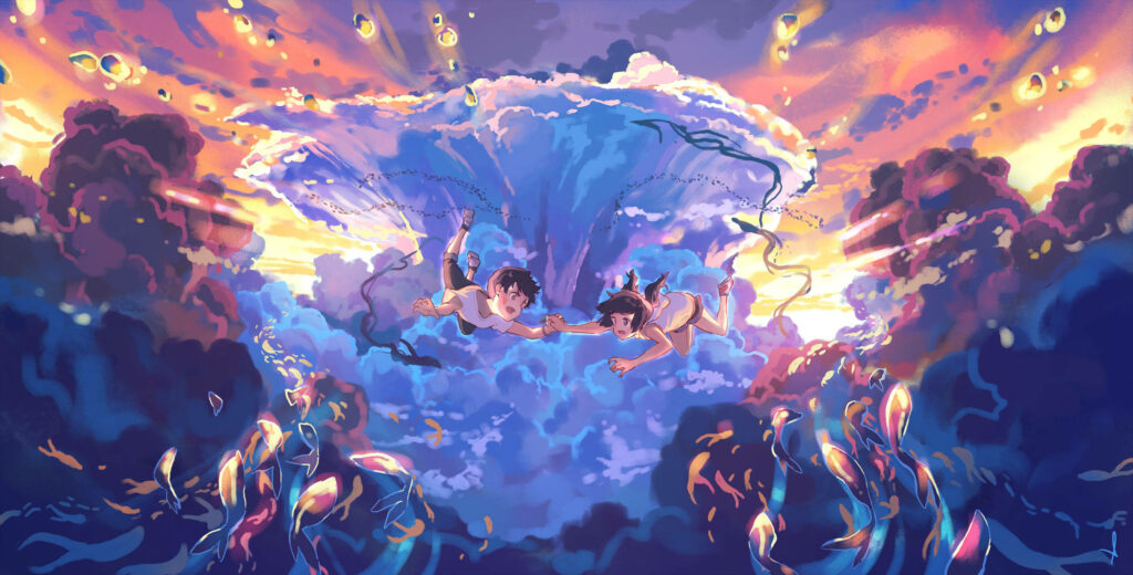 Skybound Journey: Ethereal Cascade of Colors Wallpaper