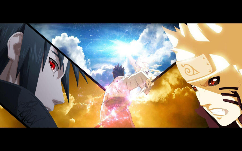 Clash of Titans Surrounded by Majestic Skies - Epic Naruto Vs Sasuke Showdown Wallpaper