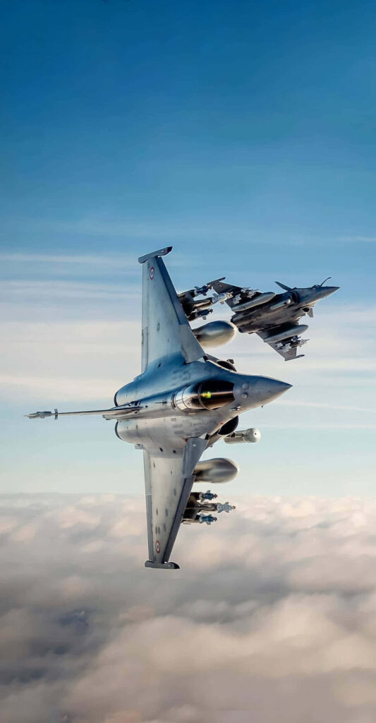Skyward Spectacle: Twin Dassault Rafale Jets Soaring Amidst Billowy Clouds in Majestic Android Jumbo Jets Background Wallpaper