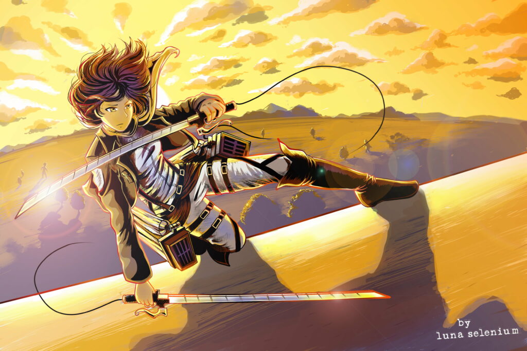 Anime Warrior with Sword: Immersive Sky and Clouds Background Wallpaper