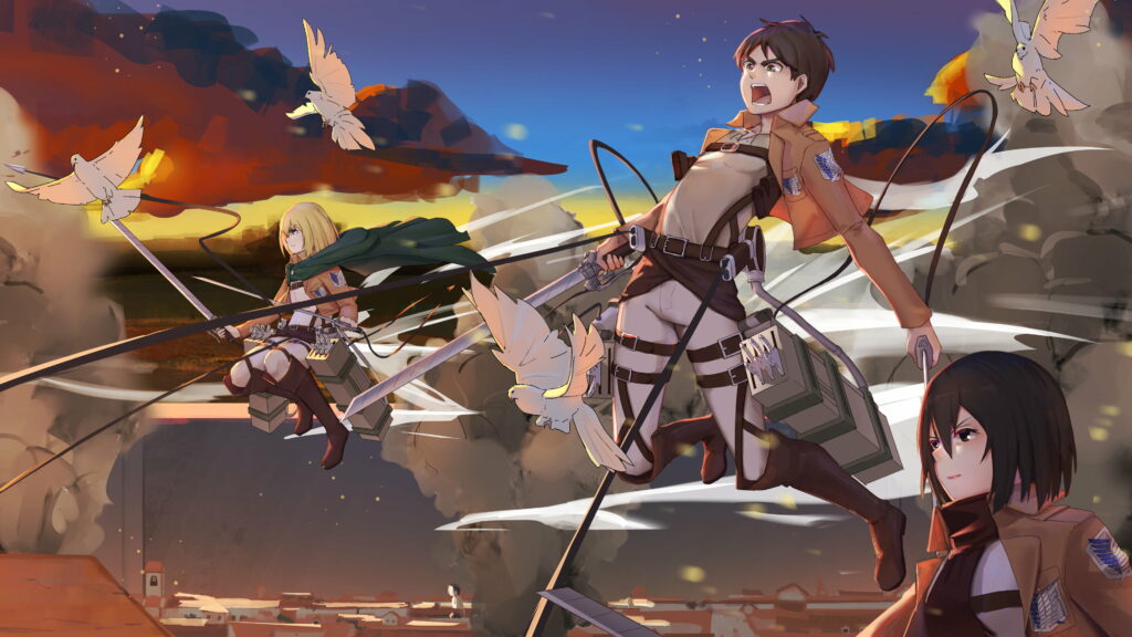 Spectacular Aerial Adventure with Attack On Titan Trio Amidst Serene Blue Skies: Armin, Eren, and Mikasa Soar alongside Birds in Epic Anime 4K Wallpaper