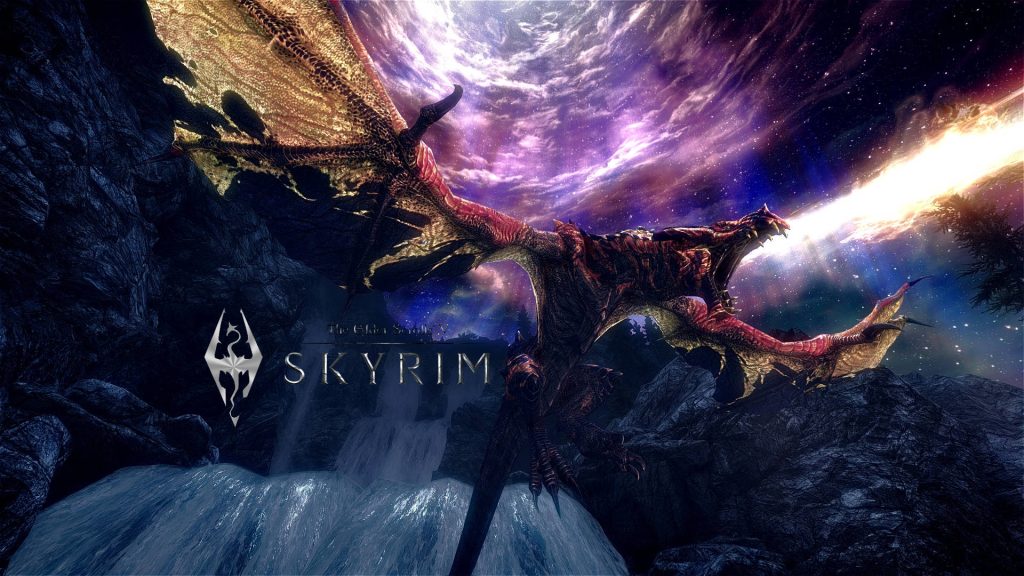 Fierce dragon breathing fire over waterfall under swirling cosmic nebula sky Skyrim 4K wallpaper