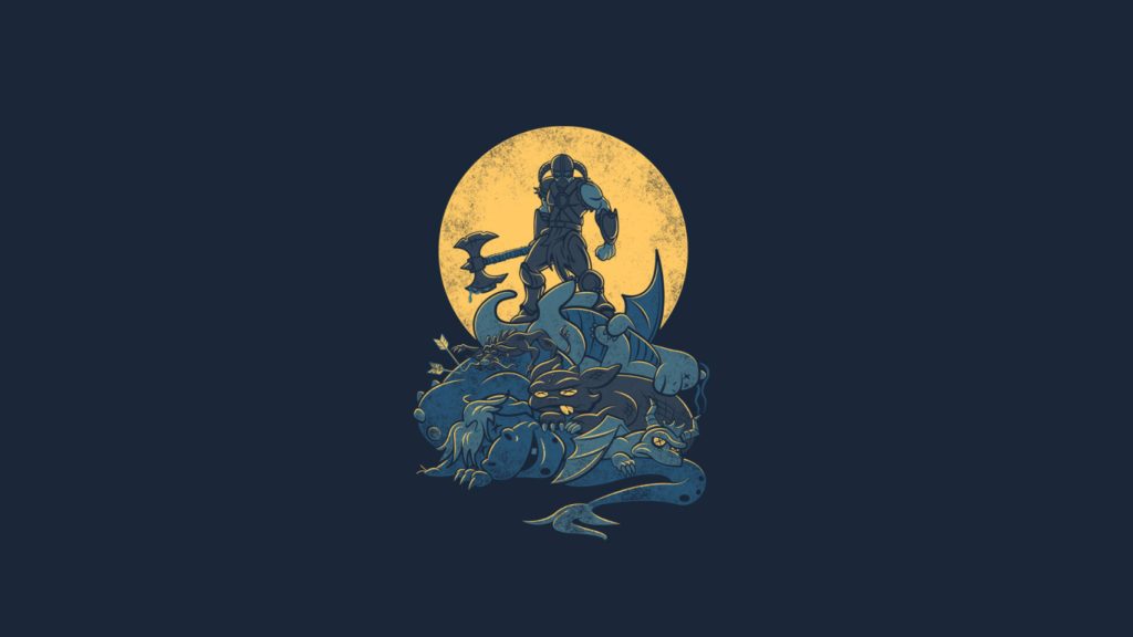 Dragonborn atop slain dragons under yellow moon Skyrim wallpaper epic fantasy PC gaming