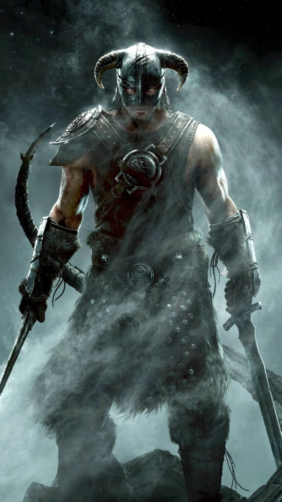 Fierce Warrior Wielding a Legendary Sword: Majestic Skyrim Wallpaper in HD 1080x1920 resolution for your Phone