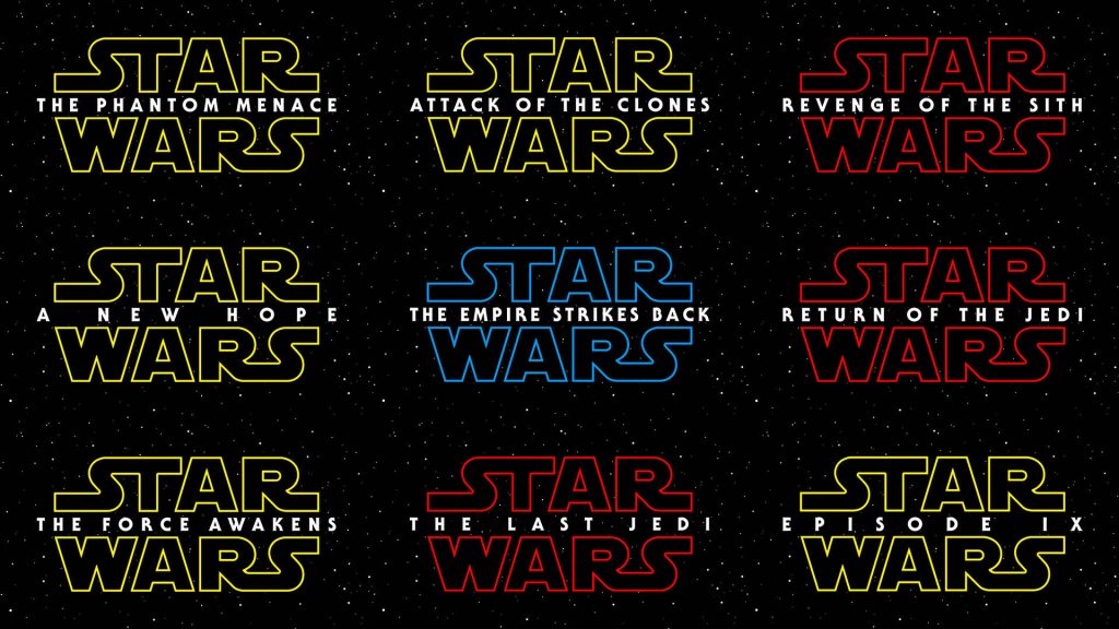 Colorful Star Wars Skywalker Saga 3x3 grid wallpaper with iconic movie titles and starry space background