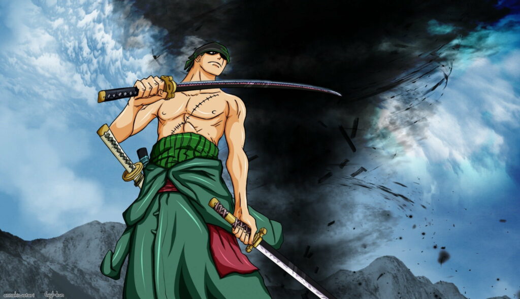 The Cloud-Splitting Swordsman: Zoro Unleashed - Shirtless Anime Hero Amidst a Heavenly Sky of Swords and Stormy Clouds Wallpaper