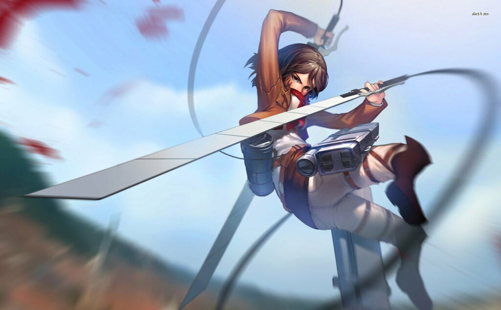 Warrior of the Sky: Mikasa Ackerman Soars Amidst Clouds - HD Wallpaper