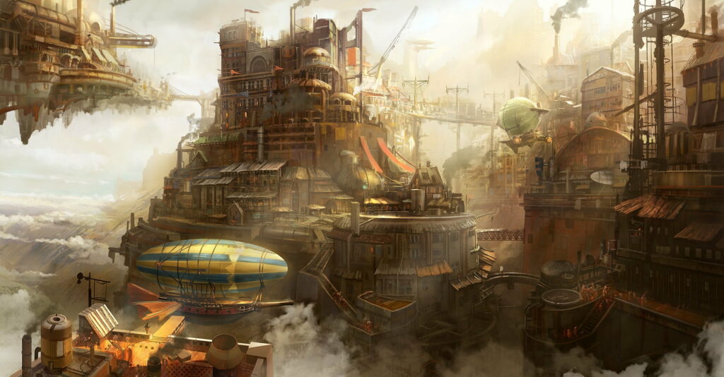 Skies of Steampunk: Aerial Kingdoms in High-Definition Digital Art Wallpaper