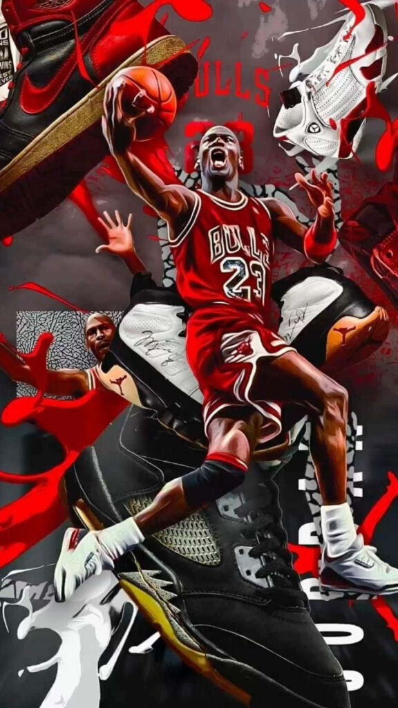 The Iconic Dunk: A Basketball Legend Soars Amidst a Kaleidoscope of Elements - Michael Jordan Wallpaper