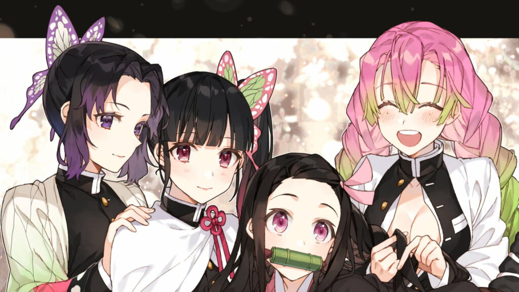 Demon Slayer's Trio of Fierce Females and a Dazzling Demonic Dedicator: Kanao, Mitsuri, Nezuko, Shinobu, in Vibrant Anime HD Wallpaper