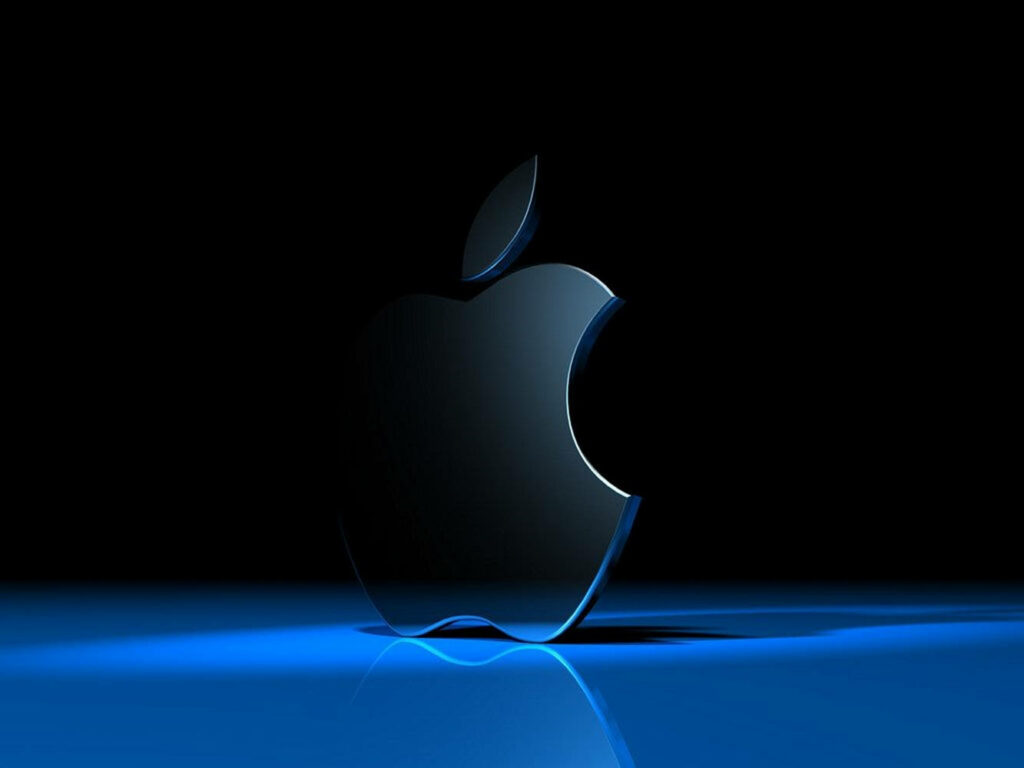 Modern 3D Apple Logo Wallpaper: Reflective Blue on Black Background