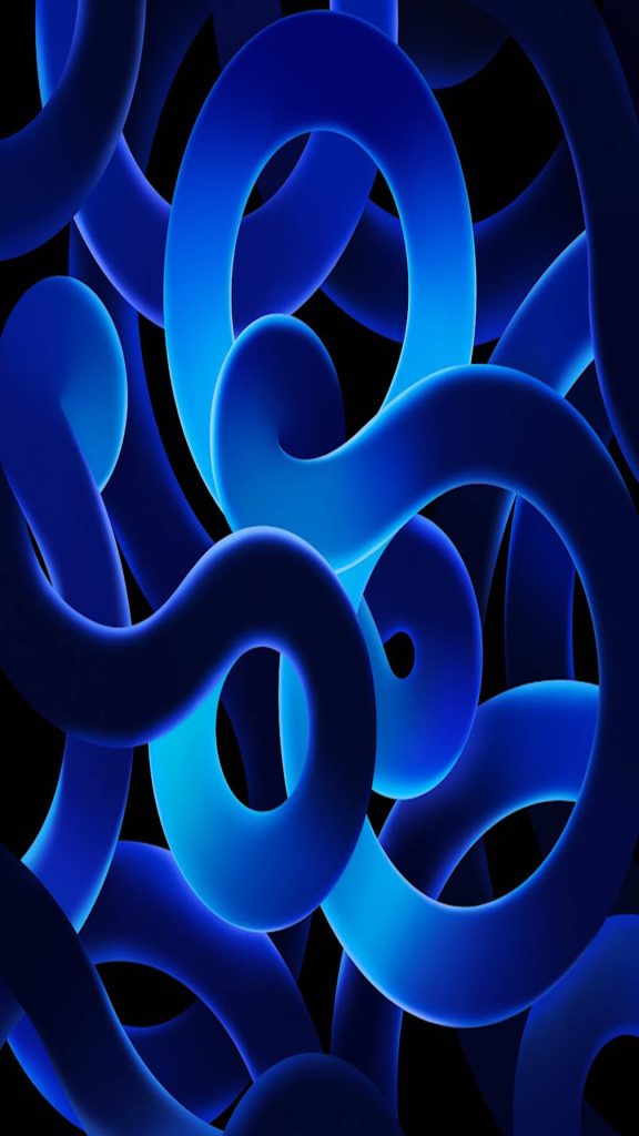 Abstract 3D glowing blue ribbons on black background sleek modern iOS wallpaper design