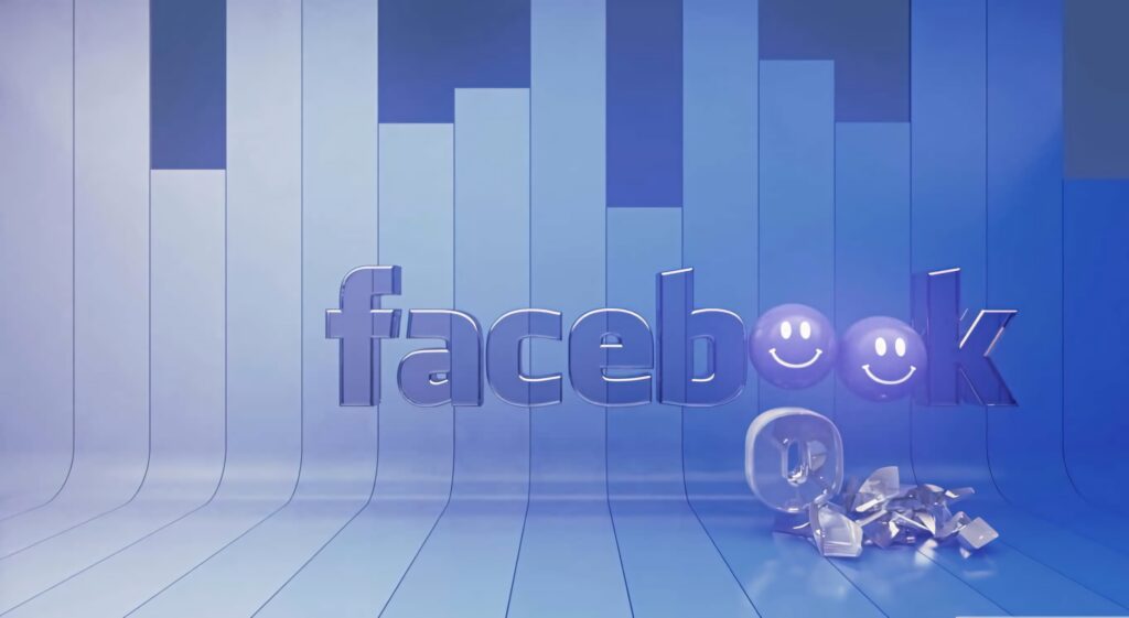 Facebook wallpaper modern 3D design metallic text with smiley face Os blue silver gradient bars background