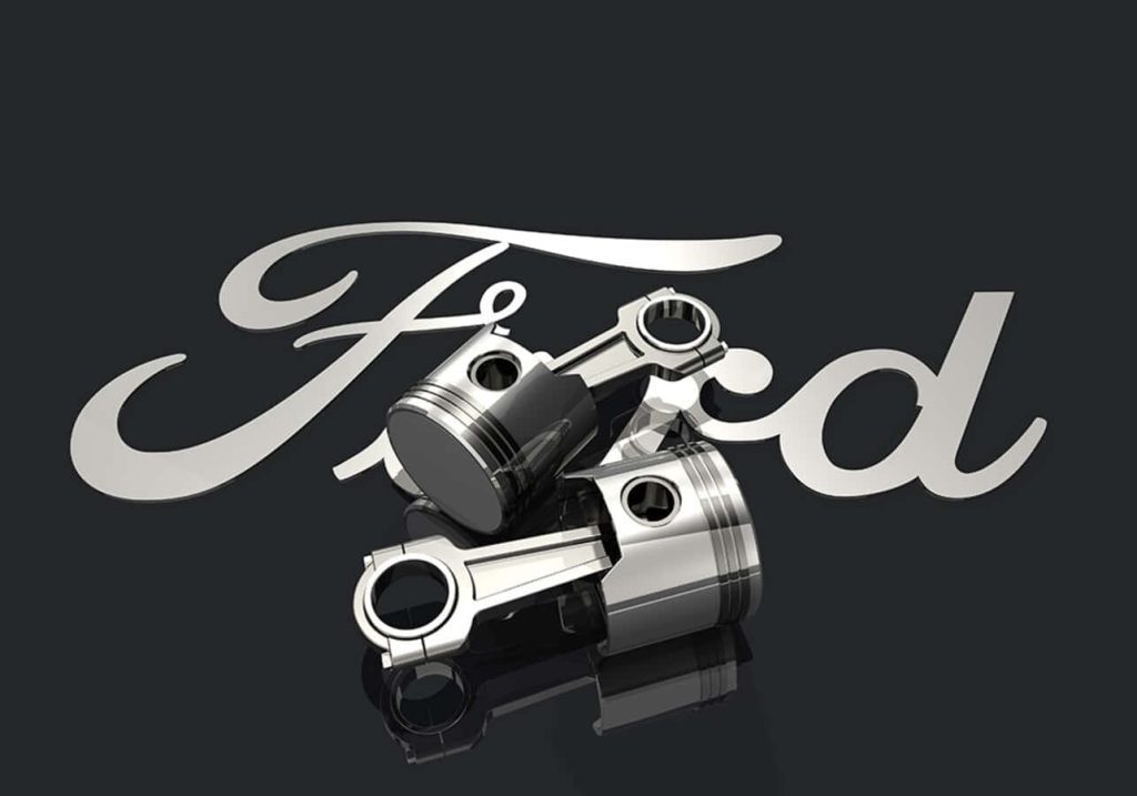 3D Ford logo with polished metallic pistons on dark reflective surface automotive wallpaper