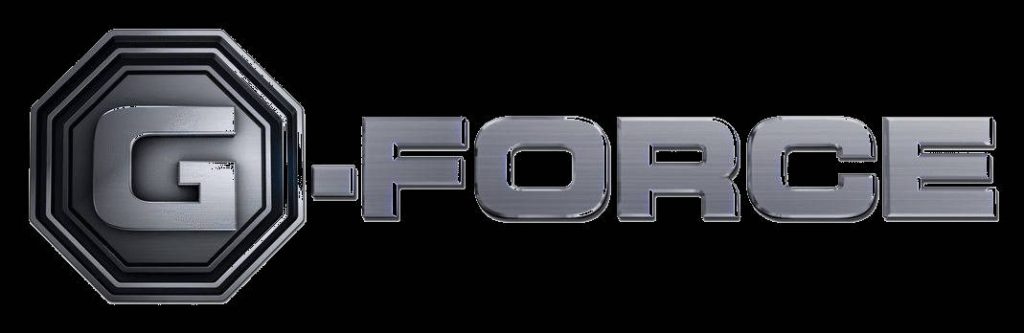 Sleek 3D G-Force logo with metallic letters and octagonal frame on black background wallpaper