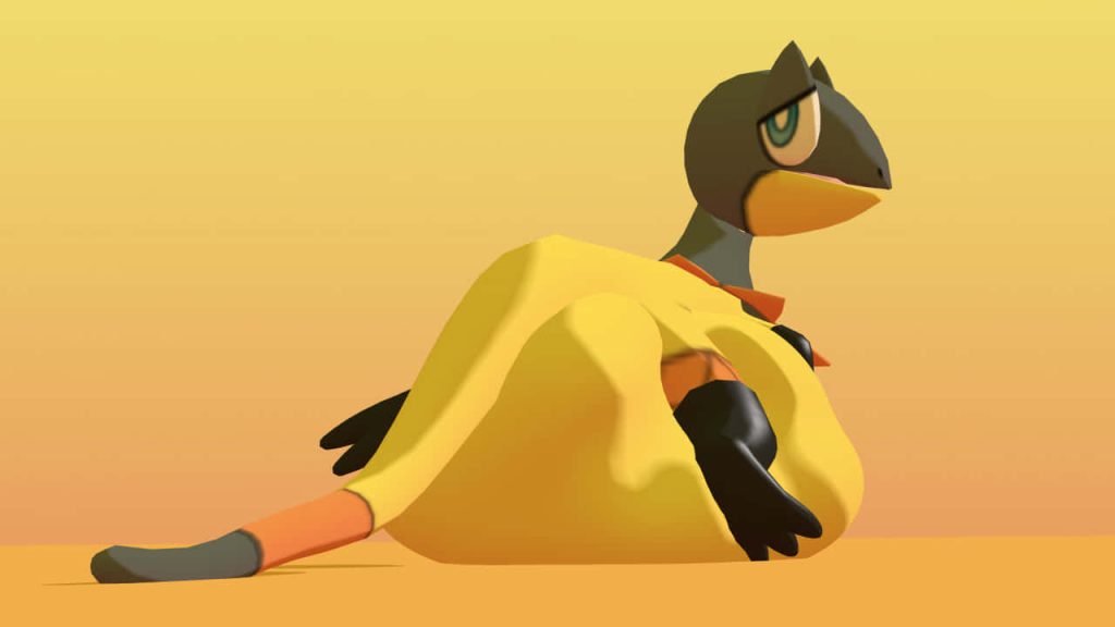 3D CGI wallpaper of Pokémon Heliolisk back view with yellow frill on minimalist yellow background