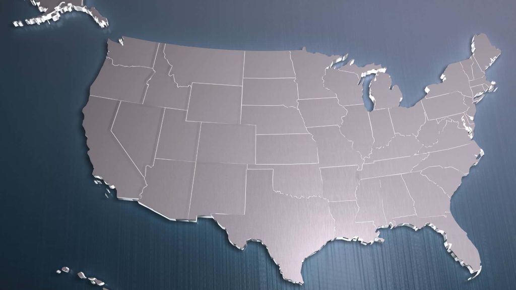 Polished metallic 3D map of contiguous United States on cool silver brushed tech background Wallpaper