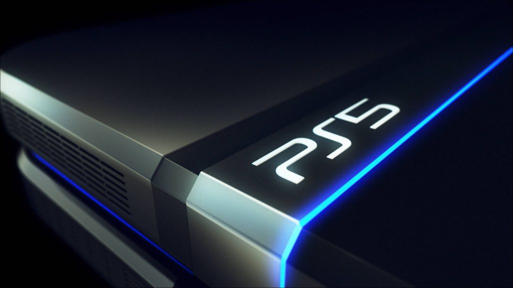 Sleek 3D PlayStation 5 console with neon blue LED lighting on metallic black frame wallpaper background
