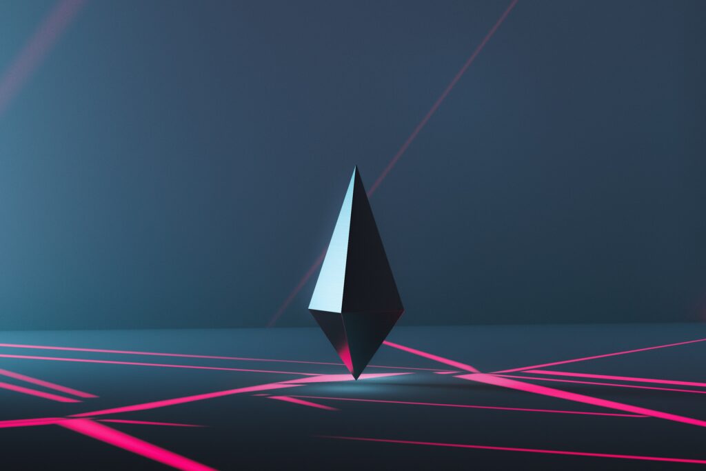 Sleek 3D Pyramid Wallpaper: Neon Stripes on Gradient Blue Background 3000x2000