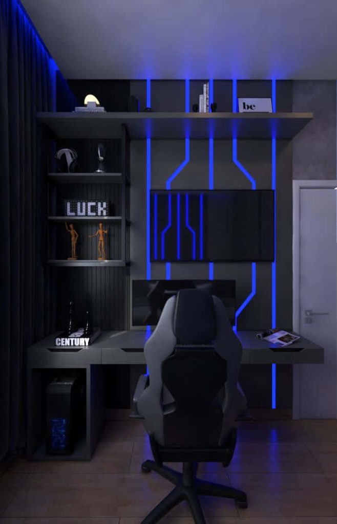 Sleek 3D gaming setup with racing chair and blue circuit LED lights in dark minimalist room Wallpaper