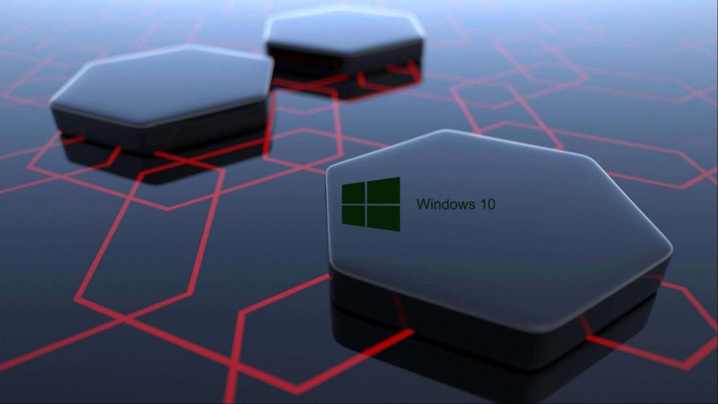 Windows 10 wallpaper with 3D dark hexagon and neon red geometric grid background.