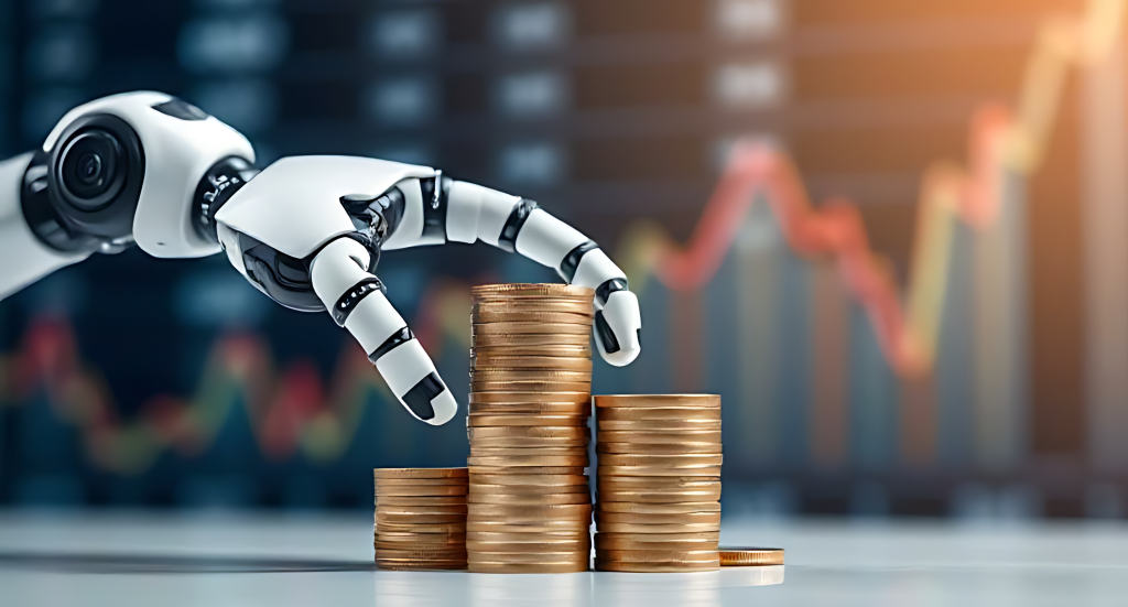 AI robotic hand stacking gold coins with blurred financial data graph fintech wallpaper background