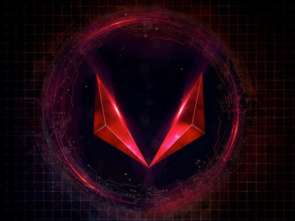 Sleek AMD Radeon Vega logo wallpaper glowing crimson V on futuristic digital circuit grid background