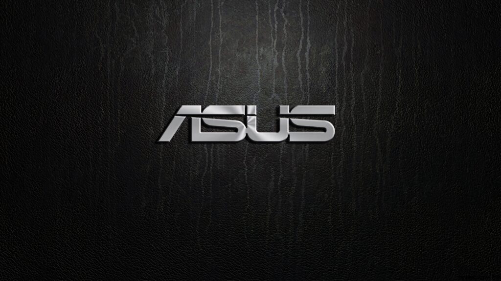 Metallic silver ASUS logo on textured dark leather background modern sophisticated wallpaper