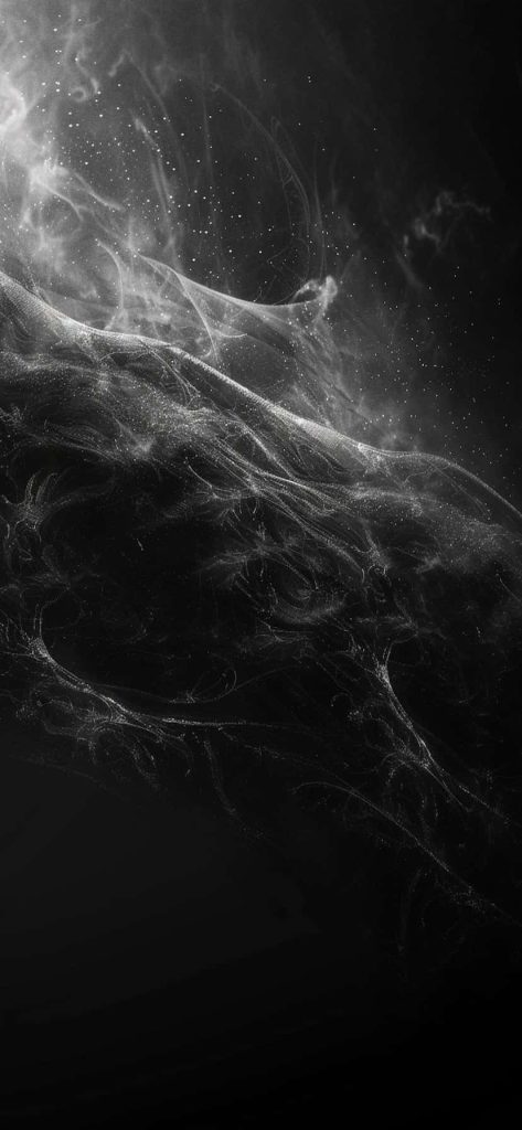 Abstract black wallpaper with white smoke filaments and cosmic dust for modern OLED screens
