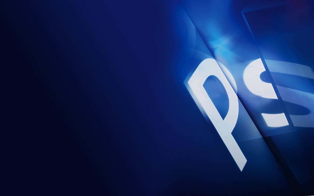 Adobe Photoshop dark blue gradient background with white Ps logo minimalist workspace wallpaper