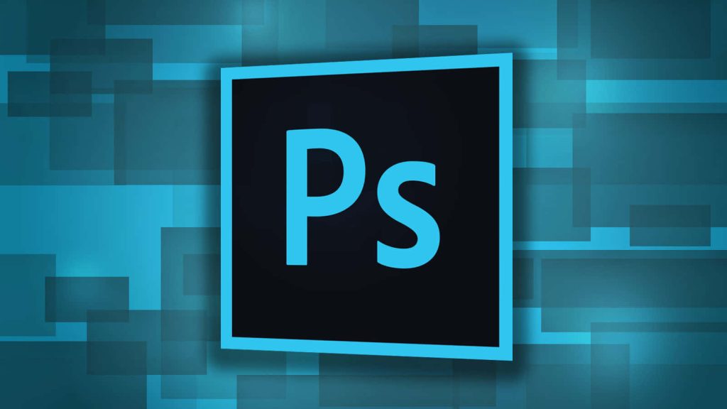 Adobe Photoshop wallpaper with Ps logo on abstract cyan geometric translucent background