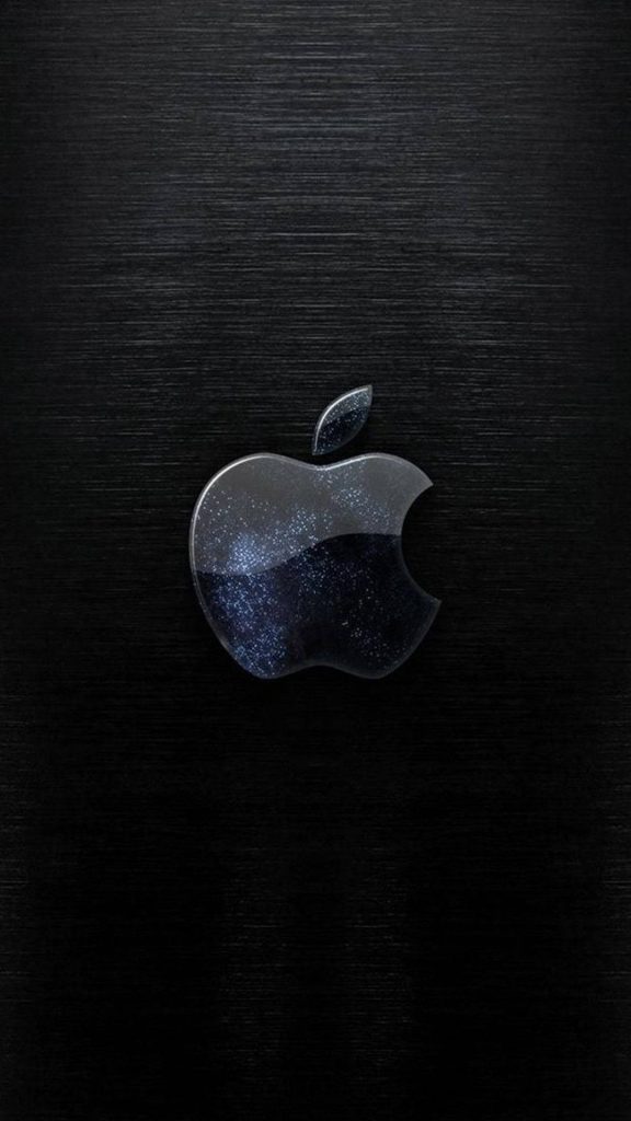 Black Apple logo wallpaper with starry nebula texture on dark brushed metal background mobile