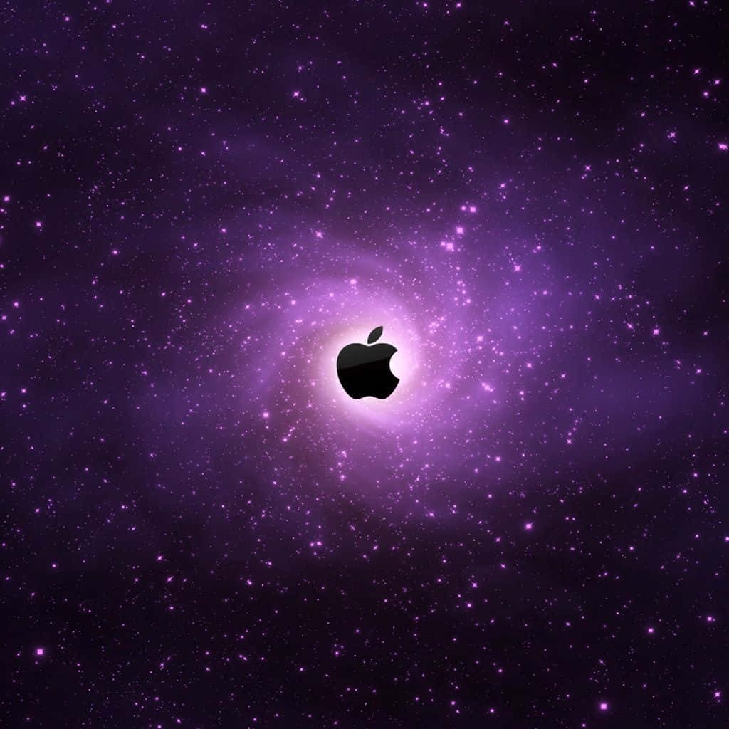 Apple logo digital wallpaper with vibrant purple galaxy and sparkling stars cosmic background