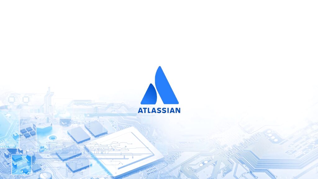 Sleek Atlassian wallpaper with bold blue logo over futuristic circuit board background design